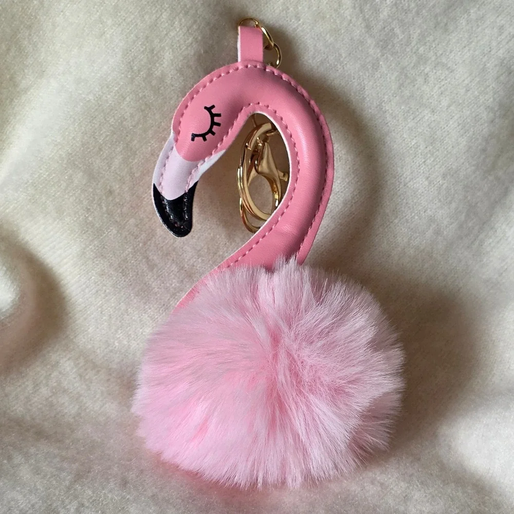 Pink Flamingo Pom Pom Keychain Bag Charm Faux Leather Gold Tone Clasp Accessory